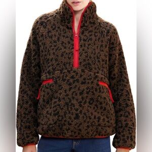 Leopard Print Sherpa Half-Zip Fleece Pullover | Cozy Plush Winter Jacket
